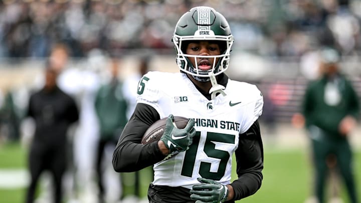 Michigan State's Nick Marsh participates in a drill during the Spring Showcase on Saturday, April 20, 2024, at Spartan Stadium in East Lansing.