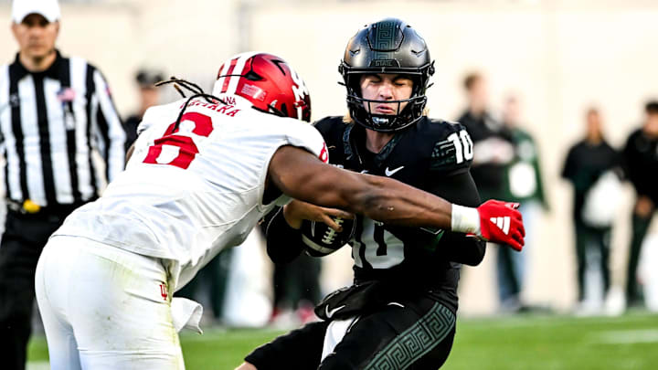 Indiana's Mikail Kamara sacks Michigan State's Tommy Schuster at Spartan Stadium. Indiana's Mikail Kamara sacks Michigan State's Tommy Schuster at Spartan Stadium.