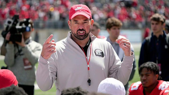 Ohio State Buckeye head coach Ryan Day addresses his team after the spring game at Ohio Stadium on April 12, 2025.