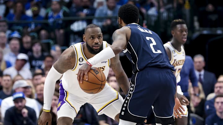 Feb 26, 2023; Dallas, Texas, USA; Los Angeles Lakers forward LeBron James (6) guards Dallas Mavericks guard Kyrie Irving (2) during the fourth quarter at American Airlines Center. Mandatory Credit: Kevin Jairaj-Imagn Images Feb 26, 2023; Dallas, Texas, USA; Los Angeles Lakers forward LeBron James (6) guards Dallas Mavericks guard Kyrie Irving (2) during the fourth quarter at American Airlines Center. Mandatory Credit: Kevin Jairaj-Imagn Images