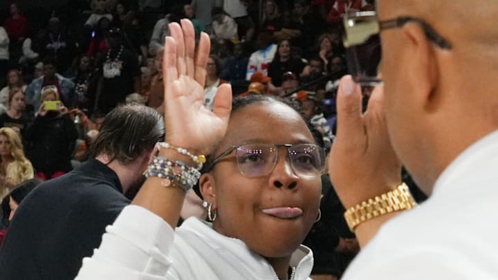 Ole Miss Head Coach Yolett McPhee-McCuin high fives her team after beating Vanderbilt at the SEC Women's Basketball Tournament at Bon Secours Wellness Arena in Greenville, South Carolina Friday, March 6, 2026.
