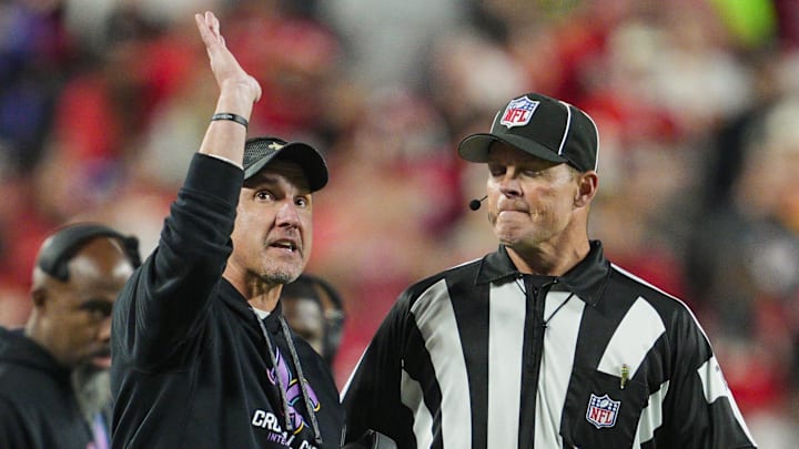 Oct 7, 2024; Kansas City, Missouri, USA; New Orleans Saints head coach Dennis Allen talks an official during the second half against the Kansas City Chiefs at GEHA Field at Arrowhead Stadium. Mandatory Credit: Jay Biggerstaff-Imagn Images Oct 7, 2024; Kansas City, Missouri, USA; New Orleans Saints head coach Dennis Allen talks an official during the second half against the Kansas City Chiefs at GEHA Field at Arrowhead Stadium. Mandatory Credit: Jay Biggerstaff-Imagn Images
