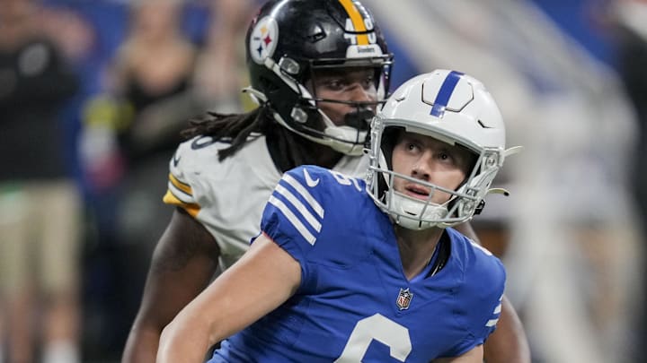 Nov 28, 2022; Indianapolis, Indiana, USA; Indianapolis Colts punter Matt Haack (6) looks up after being knocked to the ground after punting the ball during the second halfb against the Pittsburgh Steelers at Lucas Oil Stadium. Mandatory Credit: Jenna Watson-Imagn Images