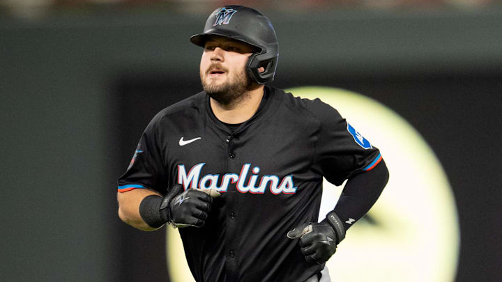 Sep 26, 2024; Minneapolis, Minnesota, USA; Miami Marlins third base Jake Burger (36) jogs to the dugout after Minnesota Twins outfielder Byron Buxton (25) catches a fly ball he hit in the seventh inning at Target Field. Sep 26, 2024; Minneapolis, Minnesota, USA; Miami Marlins third base Jake Burger (36) jogs to the dugout after Minnesota Twins outfielder Byron Buxton (25) catches a fly ball he hit in the seventh inning at Target Field.