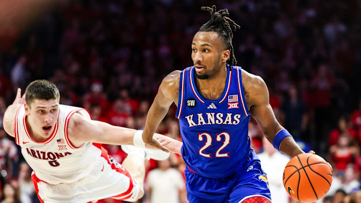 Feb 28, 2026; Tucson, Arizona, USA; Kansas Jayhawks guard Darryn Peterson (22) dribbles the ball during the first half of the game against the Arizona Wildcats at McKale Memorial Center. Mandatory Credit: Aryanna Frank-Imagn Images Feb 28, 2026; Tucson, Arizona, USA; Kansas Jayhawks guard Darryn Peterson (22) dribbles the ball during the first half of the game against the Arizona Wildcats at McKale Memorial Center. Mandatory Credit: Aryanna Frank-Imagn Images