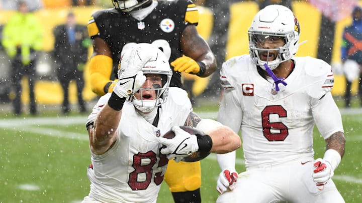 Dec 3, 2023; Pittsburgh, Pennsylvania, USA; Arizona Cardinals tight end Trey McBride (85) celebrates a touchdown near running back James Conner (6) against the Pittsburgh Steelers during the second quarter at Acrisure Stadium. Mandatory Credit: Philip G. Pavely-Imagn Images Dec 3, 2023; Pittsburgh, Pennsylvania, USA; Arizona Cardinals tight end Trey McBride (85) celebrates a touchdown near running back James Conner (6) against the Pittsburgh Steelers during the second quarter at Acrisure Stadium. Mandatory Credit: Philip G. Pavely-Imagn Images