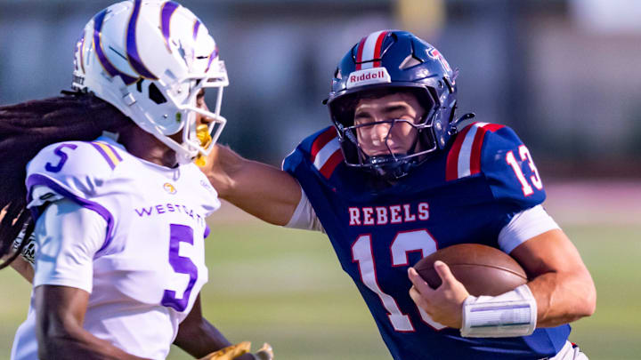 Rebels quarterback, Teurlings Catholic Rebels take on Westgate Tigers. Friday, Sept. 26, 2025.