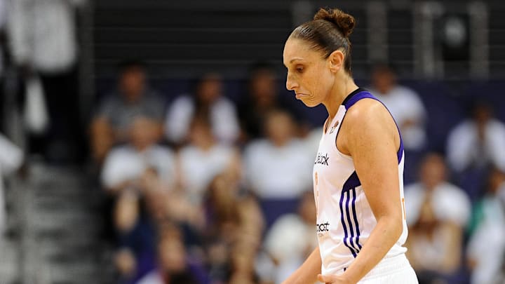 Sep 29, 2013; Phoenix, AZ, USA; Phoenix Mercury guard Diana Taurasi (3) reacts on the court during the game against the Minnesota Lynx at US Airways Center. The Lynx defeated the Mercury 72-65. Mandatory Credit: Jennifer Stewart-Imagn Images