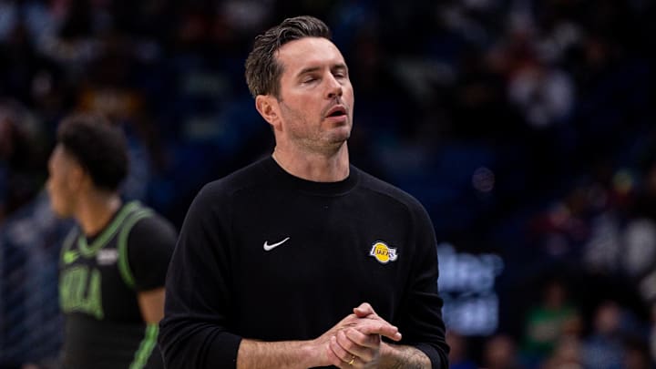 Jan 6, 2026; New Orleans, Louisiana, USA;  Los Angeles Lakers Head Coach JJ Redick reacts to a play against the New Orleans Pelicans during the second half at Smoothie King Center. Mandatory Credit: Stephen Lew-Imagn Images