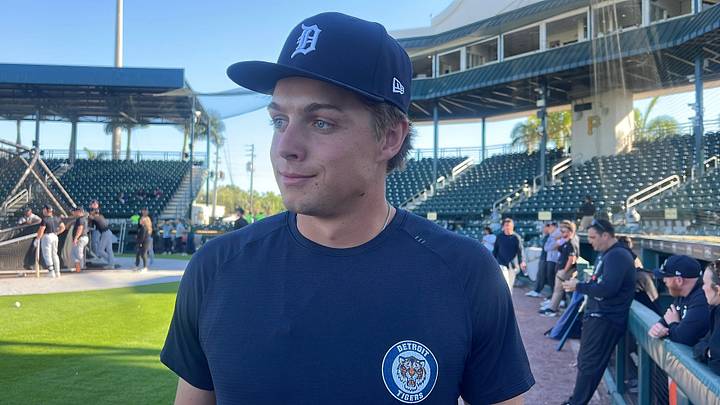 Detroit Tigers shortstop Bryce Rainer talks to reporters on March 20, 2026, before the Spring Breakout game at LECOM Park in Bradenton, Florida.