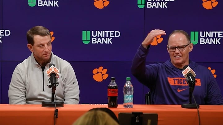 Clemson football head coach Dabo Swinney, left, and newly hired football defensive coordinator Tom Allen, formerly at Penn State University, speak with media in the Smart Family Media Center at Clemson University in Clemson, S.C. Wednesday, January 15, 2024.