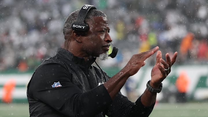 Nov 9, 2025; East Rutherford, New Jersey, USA; New York Jets head coach Aaron Glenn reacts after a Jets touchdown during the second half against the Cleveland Browns at MetLife Stadium. Mandatory Credit: Vincent Carchietta-Imagn Images