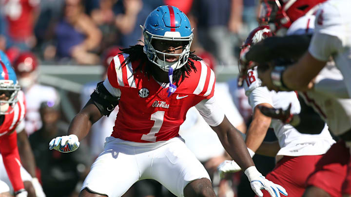 Oct 11, 2025; Oxford, Mississippi, USA; Mississippi Rebels linebacker Princewill Umanmielen (1) defends during the fourth quarter against the Washington State Cougars at Vaught-Hemingway Stadium. Mandatory Credit: Petre Thomas-Imagn Images