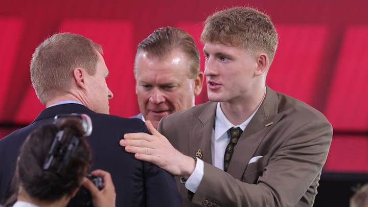 Jun 25, 2025; Brooklyn, NY, USA;  Kasparas Jakucionis reacts after being selected as the 20th pick by the Miami Heat in the first round of the 2025 NBA Draft at Barclays Center. Mandatory Credit: Brad Penner-Imagn Images