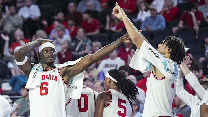 Feb 5, 2025; Athens, Georgia, USA; Georgia Bulldogs center Somto Cyril (6) and forward Asa Newell (14) react during the game against the LSU Tigers during the second half at Stegeman Coliseum. Mandatory Credit: Dale Zanine-Imagn Images