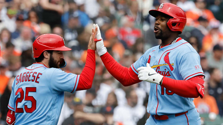 Apr 4, 2026; Detroit, Michigan, USA;  St. Louis Cardinals right fielder Jordan Walker (18) receives congratulations from second baseman Thomas Saggese (25)  after he hits a grand slam in the fifth inning against the Detroit Tigers at Comerica Park. Mandatory Credit: Rick Osentoski-Imagn Images