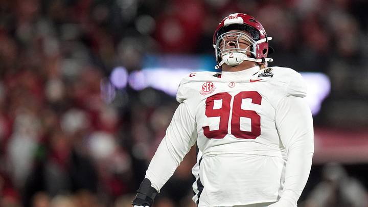 Alabama's Tim Keenan III (96) celebrates a play in the second half of the College Football Playoff game between the University of Oklahoma Sooners (OU) and the Alabama Crimson Tide at the Gaylord Family - Oklahoma Memorial Stadium in Norman, Okla., Friday Dec. 19, 2025. Alabama's Tim Keenan III (96) celebrates a play in the second half of the College Football Playoff game between the University of Oklahoma Sooners (OU) and the Alabama Crimson Tide at the Gaylord Family - Oklahoma Memorial Stadium in Norman, Okla., Friday Dec. 19, 2025.