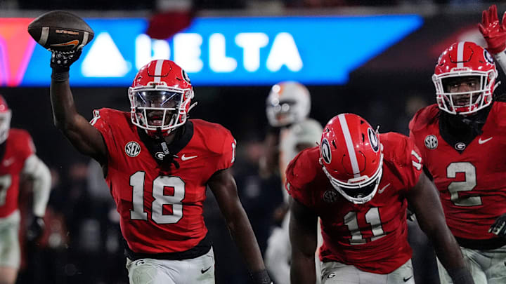 Georgia linebacker Chris Cole (18) celebrates after recovering fumble late during the second half of a NCAA college football game against Tennessee in Athens, Ga., on Saturday, Nov. 16, 2024.