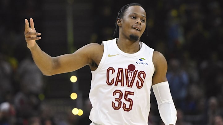 Nov 27, 2024; Cleveland, Ohio, USA; Cleveland Cavaliers forward Isaac Okoro (35) celebrates his three-point basket in the first quarter against the Atlanta Hawks at Rocket Mortgage FieldHouse. Mandatory Credit: David Richard-Imagn Images