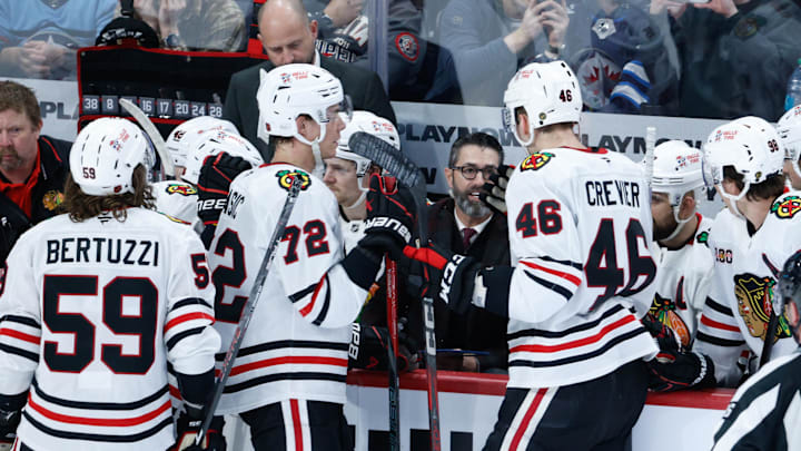 Mar 3, 2026; Winnipeg, Manitoba, CAN;  Chicago Blackhawks assistant coach Michael Peck during the third period against the Winnipeg Jets at Canada Life Centre. Mandatory Credit: Terrence Lee-Imagn Images