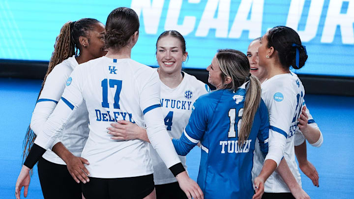 Kentucky was feeling confident during the last points in the final set against Cleveland State during the NCAA Women's Volleyball Tournament at Memorial Coliseum in Lexington, Ky. on Dec. 5, 2024.