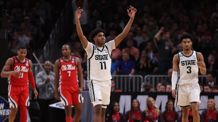Michigan State Spartans guard Jase Richardson (11) and guard Jaden Akins (3) celebrate after defeating the Mississippi Rebels in a South Regional semifinal of the 2025 NCAA tournament at State Farm Arena. 