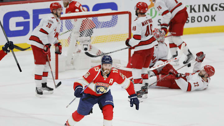 May 24, 2023; Sunrise, Florida, USA; Florida Panthers left wing Matthew Tkachuk (19) celebrates after scoring the game-winning goal against the Carolina Hurricanes during the third period in game four of the Eastern Conference Finals of the 2023 Stanley Cup Playoffs at FLA Live Arena. Mandatory Credit: Sam Navarro-Imagn Images May 24, 2023; Sunrise, Florida, USA; Florida Panthers left wing Matthew Tkachuk (19) celebrates after scoring the game-winning goal against the Carolina Hurricanes during the third period in game four of the Eastern Conference Finals of the 2023 Stanley Cup Playoffs at FLA Live Arena. Mandatory Credit: Sam Navarro-Imagn Images
