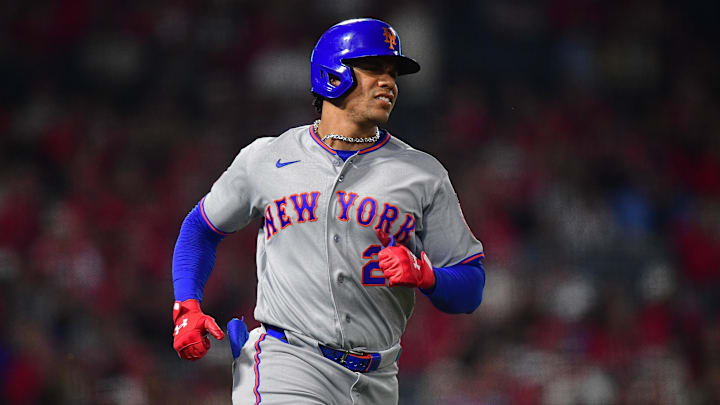 May 1, 2026; Anaheim, California, USA;  New York Mets left fielder Juan Soto (22) reaches first on a single against the Los Angeles Angels during the sixth inning at Angel Stadium. Mandatory Credit: Gary A. Vasquez-Imagn Images