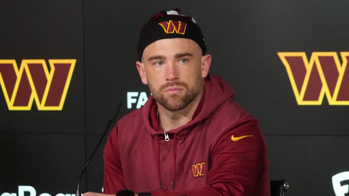 Nov 13, 2025; Madrid, Spain; Washington Commanders tight end Zach Ertz at press conference at Ciudad Deportiva del Real Madrid. Mandatory Credit: Kirby Lee-Imagn Images