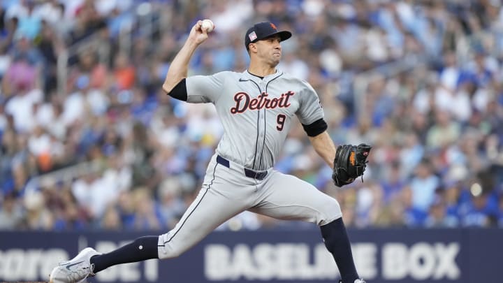 Jul 19, 2024; Toronto, Ontario, CAN; Detroit Tigers starting pitcher Jack Flaherty (9) pitches to the Toronto Blue Jays during the first inning at Rogers Centre. Mandatory Credit: John E. Sokolowski-USA TODAY Sports Jul 19, 2024; Toronto, Ontario, CAN; Detroit Tigers starting pitcher Jack Flaherty (9) pitches to the Toronto Blue Jays during the first inning at Rogers Centre. Mandatory Credit: John E. Sokolowski-USA TODAY Sports