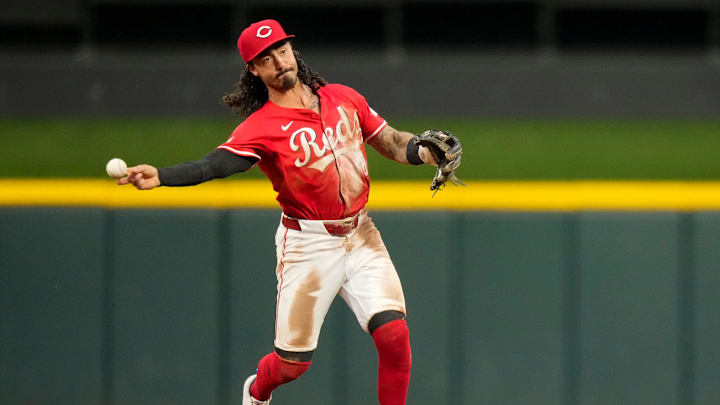 Cincinnati Reds second base Jonathan India (6) plays a ground ball off the bat of Pittsburgh Pirates designated hitter Andrew McCutchen (22) in the fourth inning of the MLB National League game between the Cincinnati Reds and the Pittsburgh Pirates at Great American Ball Park on Tuesday, June 25, 2024. The Pirates won the second game of the series, 9-5.