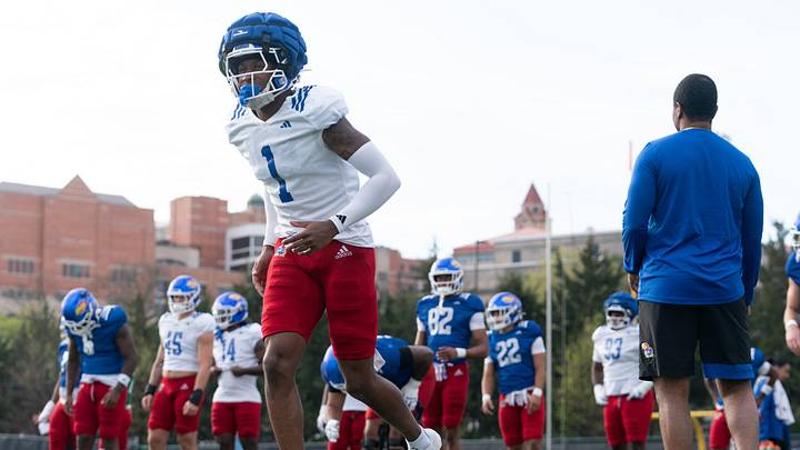 Kansas football junior cornerback Jalen Todd (1) warms up during practice at the University of Kansas on Thursday, April 9, 2026. Kansas football junior cornerback Jalen Todd (1) warms up during practice at the University of Kansas on Thursday, April 9, 2026.