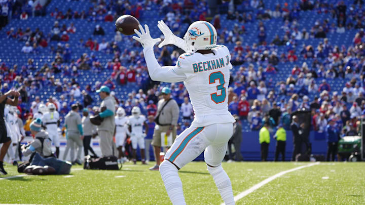 Nov 3, 2024; Orchard Park, New York, USA; Miami Dolphins wide receiver Odell Beckham Jr. (3) warms up prior to the game at Highmark Stadium. Mandatory Credit: Gregory Fisher-Imagn Images Nov 3, 2024; Orchard Park, New York, USA; Miami Dolphins wide receiver Odell Beckham Jr. (3) warms up prior to the game at Highmark Stadium. Mandatory Credit: Gregory Fisher-Imagn Images