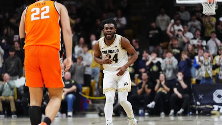 Feb 21, 2026; Boulder, Colorado, USA; Colorado Buffaloes guard Barrington Hargress (24) reacts following his three point score against the Oklahoma State Cowboys during the second half at the CU Events Center. Mandatory Credit: Ron Chenoy-Imagn Images Feb 21, 2026; Boulder, Colorado, USA; Colorado Buffaloes guard Barrington Hargress (24) reacts following his three point score against the Oklahoma State Cowboys during the second half at the CU Events Center. Mandatory Credit: Ron Chenoy-Imagn Images