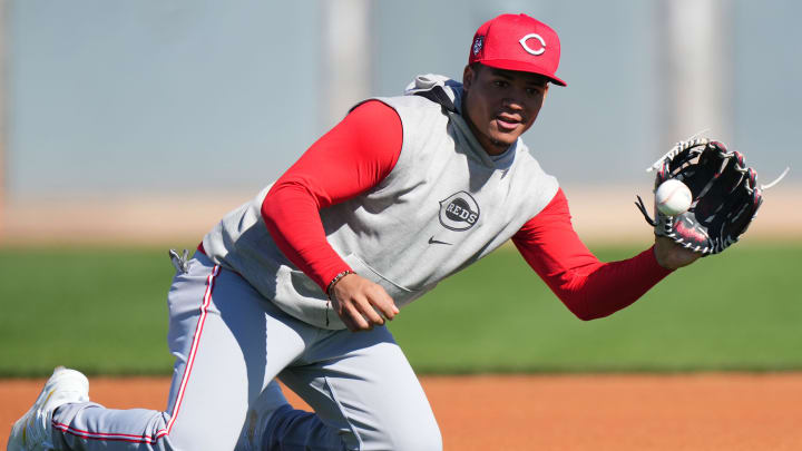 Cincinnati Reds infielder Noelvi Marte fields a groundball during spring training workouts, Monday, Feb. 19, 2024, at the team's spring training facility in Goodyear, Ariz. Cincinnati Reds infielder Noelvi Marte fields a groundball during spring training workouts, Monday, Feb. 19, 2024, at the team's spring training facility in Goodyear, Ariz.