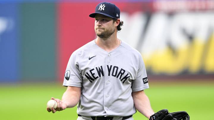 Jun 9, 2026; Cleveland, Ohio, USA; New York Yankees starting pitcher Gerrit Cole (45) reacts in the first inning against the Cleveland Guardians at Progressive Field. Mandatory Credit: David Richard-Imagn Images Jun 9, 2026; Cleveland, Ohio, USA; New York Yankees starting pitcher Gerrit Cole (45) reacts in the first inning against the Cleveland Guardians at Progressive Field. Mandatory Credit: David Richard-Imagn Images