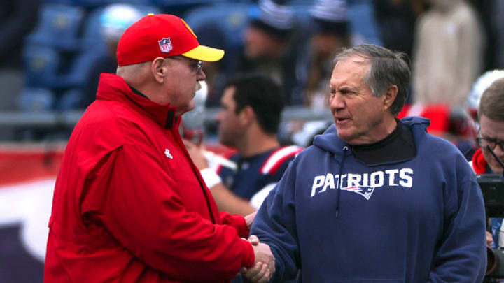 New England Patriots head coach Bill Belichick shakes hands with Kansas City Chiefs head coach Andy Reid before the game. The Patriots lost to the Chiefs, 27-17. New England Patriots head coach Bill Belichick shakes hands with Kansas City Chiefs head coach Andy Reid before the game. The Patriots lost to the Chiefs, 27-17.
