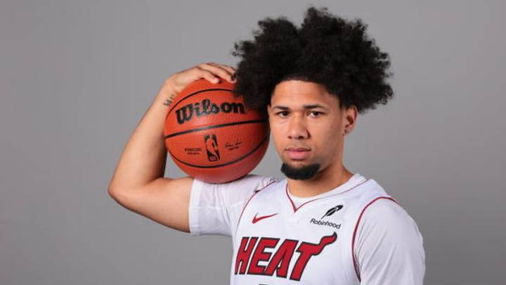 Sep 28, 2026; Miami, FL, USA; Miami Heat guard Tre Donaldson (24) poses for a photo during media day at Kaseya Center. Mandatory Credit: Sam Navarro-Imagn Images