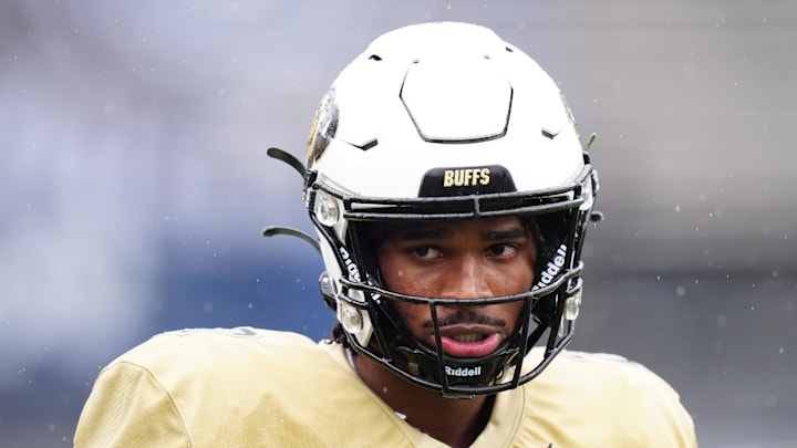 Apr 27, 2024; Boulder, CO, USA; Colorado Buffaloes quarterback Shedeur Sanders (2) warms up.