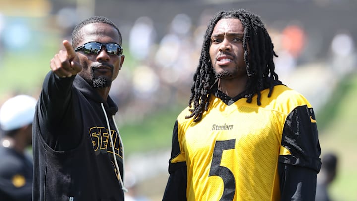 Jul 24, 2025; Latrobe, PA, USA; Pittsburgh Steelers cornerback Jalen Ramsey (5) participates in drills during training camp at Saint Vincent College. Mandatory Credit: Charles LeClaire-Imagn Images Jul 24, 2025; Latrobe, PA, USA; Pittsburgh Steelers cornerback Jalen Ramsey (5) participates in drills during training camp at Saint Vincent College. Mandatory Credit: Charles LeClaire-Imagn Images