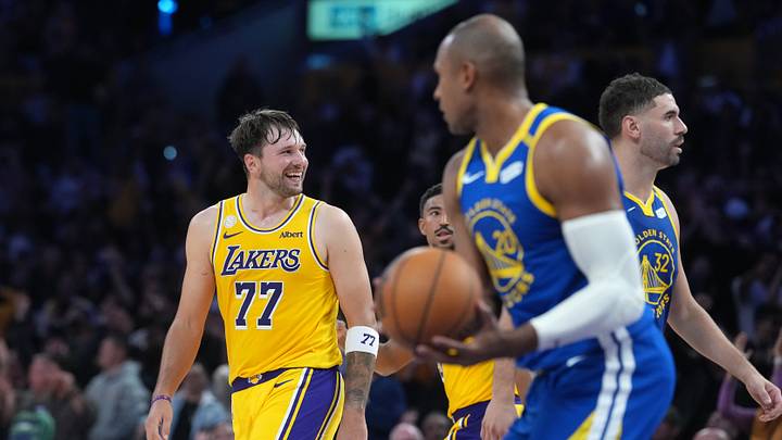Oct 21, 2026; Los Angeles, California, USA; Los Angeles Lakers guard Luka Doncic (77) reacts against the Golden State Warriors in the first half at Crypto.com Arena. Mandatory Credit: Kirby Lee-Imagn Images Oct 21, 2026; Los Angeles, California, USA; Los Angeles Lakers guard Luka Doncic (77) reacts against the Golden State Warriors in the first half at Crypto.com Arena. Mandatory Credit: Kirby Lee-Imagn Images