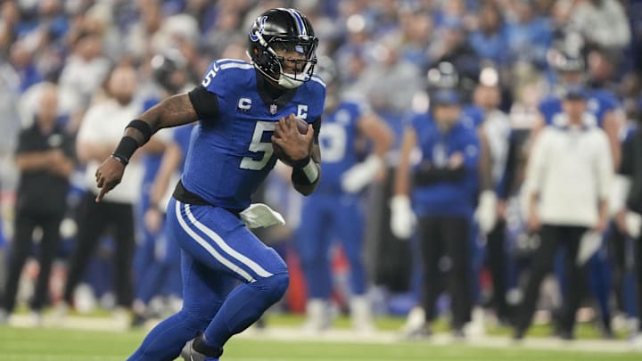 Nov 24, 2024; Indianapolis, Indiana, USA; Indianapolis Colts quarterback Anthony Richardson (5) rushes the ball during a game at Lucas Oil Stadium. Mandatory Credit: Christine Tannous/USA TODAY Network via Imagn Images Nov 24, 2024; Indianapolis, Indiana, USA; Indianapolis Colts quarterback Anthony Richardson (5) rushes the ball during a game at Lucas Oil Stadium. Mandatory Credit: Christine Tannous/USA TODAY Network via Imagn Images