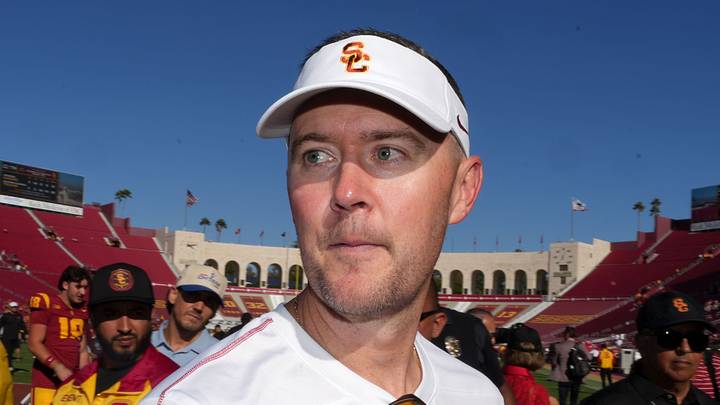 Sep 28, 2024; Los Angeles, California, USA; Southern California Trojans head coach Lincoln Riley reacts after a game against the Wisconsin Badgers at United Airlines Field at Los Angeles Memorial Coliseum. Sep 28, 2024; Los Angeles, California, USA; Southern California Trojans head coach Lincoln Riley reacts after a game against the Wisconsin Badgers at United Airlines Field at Los Angeles Memorial Coliseum.