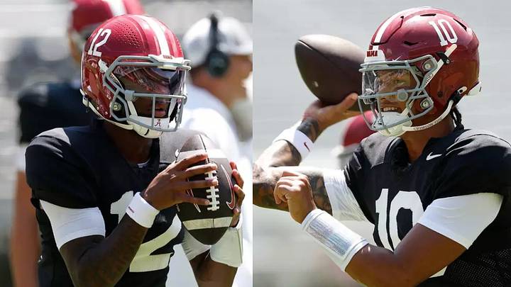 Alabama QBs Keelon Russell (12) and Austin Mack (10) at 2026 Fall Practice Alabama QBs Keelon Russell (12) and Austin Mack (10) at 2026 Fall Practice