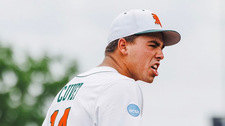 Miami Hurricanes third baseman Daniel Cuvet (14) after win in Louisville Super Regionals.