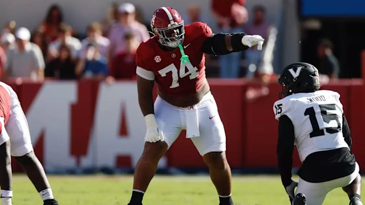 Alabama Offensive Lineman Kadyn Proctor (74) in action against Vanderbilt at Bryant-Denny Stadium in Tuscaloosa, AL on Saturday, Oct 4, 2025.