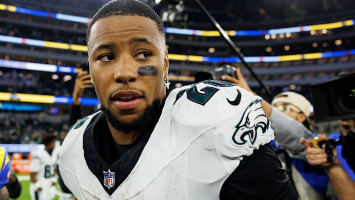 INGLEWOOD, CALIFORNIA - NOVEMBER 24: Running back Saquon Barkley #26 of the Philadelphia Eagles stands on the field after an NFL football game against the Los Angeles Rams, at SoFi Stadium on November 24, 2024 in Inglewood, California.