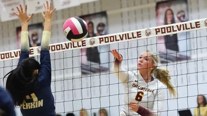 Collinsville junior Jaydee Matlock goes up for a kill against Perrin-Whitt earlier this year. Collinsville will play Sulphur Springs North Hopkins in the second round of the UIL playoffs. Collinsville junior Jaydee Matlock goes up for a kill against Perrin-Whitt earlier this year. Collinsville will play Sulphur Springs North Hopkins in the second round of the UIL playoffs.