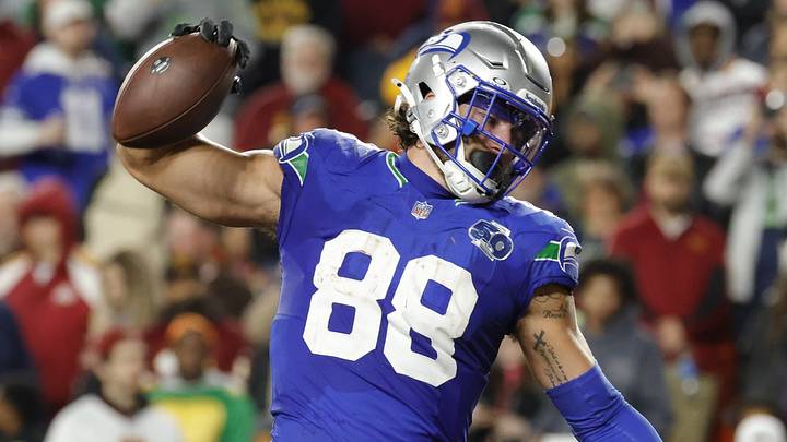 Nov 2, 2025; Landover, Maryland, USA; Seattle Seahawks tight end AJ Barner (88) celebrates scoring a touchdown against the Washington Commanders during the second half at Northwest Stadium. Nov 2, 2025; Landover, Maryland, USA; Seattle Seahawks tight end AJ Barner (88) celebrates scoring a touchdown against the Washington Commanders during the second half at Northwest Stadium.