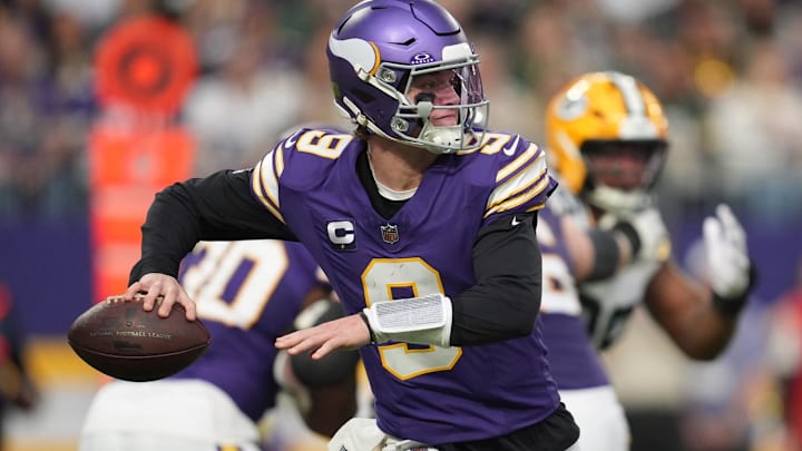 Jan 4, 2026; Minneapolis, Minnesota, USA; Minnesota Vikings quarterback J.J. McCarthy (9) throws a pass against the Green Bay Packers during the second quarter at U.S. Bank Stadium. Mandatory Credit: Matt Blewett-Imagn Images